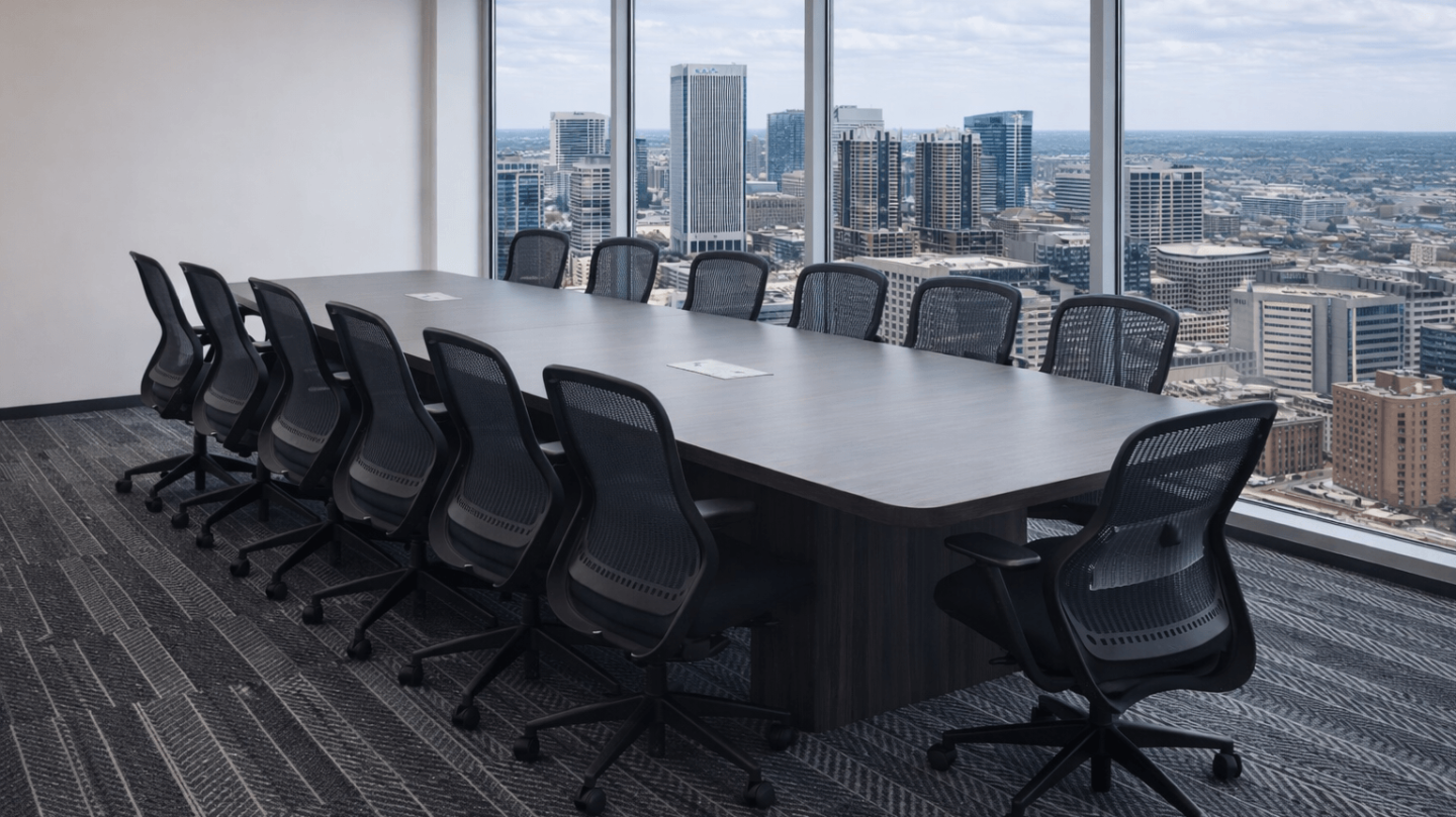 Conference table with the Richmond skyline